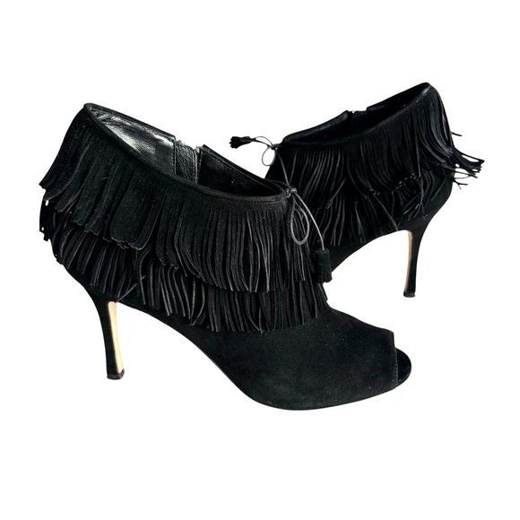 Manolo Blahnik Open Toe Heels Booties Black Suede Fringe - Picture 3 of 12
